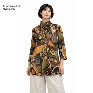 3 Potato Art to Wear Lagenlook Abstract Mock Neck Long Sleeve Tunic Top Size S M